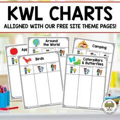 two worksheets with the words kwll chart and an image of children's drawings