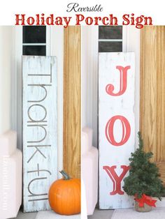 two wooden signs sitting on top of a door next to a potted plant and a small christmas tree