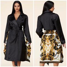 Black Satin Baroque Trench Under The Moonlight. Now Available Plus Sleeve Length Is Perfect Per Coat Size Not Overlapping Like Some Coat’s. Material Has A Little Shimmer, Very Pretty Featuring A Contrast Baroque Print, Double-Breasted Front, Pockets And Removable Belt. Beautiful Stylish Unique Coat By Latiste Button Closure Self: 76% Polyester 20% Rayon 4% Spandex Fully Lined 100%Polyester Elegant Black Cocktail Outerwear, Elegant Cocktail Outerwear For Fall, Fall Satin Outerwear For Night Out, Winter Party Satin Outerwear, Fall Party Outerwear In Satin, Fall Party Satin Outerwear, Elegant Satin Outerwear For Winter, Elegant Satin Outerwear For Night Out, Black Satin Outerwear For Party