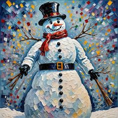 a painting of a snowman wearing a top hat and scarf