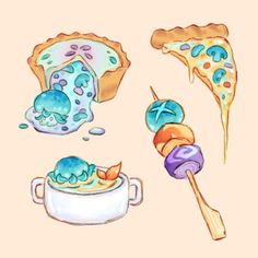 an image of some food that is drawn in watercolor and pencils on paper