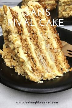 a close up of a slice of cake on a plate with the words sans rival cake