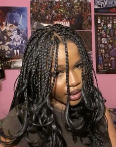 French Braids Short Hair Black Women, Layered Box Braids Black Women, Braid Short Hairstyles For Black Women, Short Layered Braids For Black Women, Edgy Box Braids, Box Braids With Straight Bangs, French Box Braids Curls Short, French Braids Layered Hair