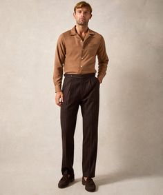 Italian Flannel Side Tab Trouser in Brown Pinstripe Mens Single Pleat Pants, Classic Pinstripe Shirt, Wool Pants Mens, Pleated Corduroy Pants Men, Semi-formal Brown Pants For Fall, Brown Semi-formal Fall Bottoms, Semi-formal Brown Bottoms For Fall, Brown Bottoms For Semi-formal Fall Occasions, Sweatshorts Shorts