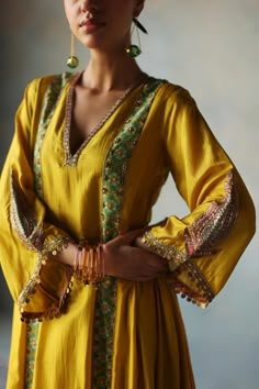 Buy Rajiramniq Yellow Silk Placement Cutdana And Sequin Embroidered Anarkali Set Online | Aza Fashions Sequin Anarkali, Embroidered Anarkali, Pakistani Suit, Yellow Silk, Embroidery Suits Design, Party Wear Indian Dresses, Wedding Vibes, Anarkali Dress