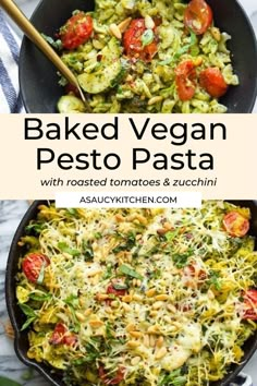 baked vegan pesto pasta with roasted tomatoes and zucchini in a skillet