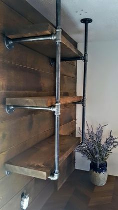 a potted plant sitting on top of a wooden shelf next to metal pipe shelves