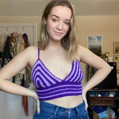 The cutest purple crocheted crop top, made by me! Size m, 38cm across, but can be made to fit tighter or looser with lace up back. 100% acrylic. Purple Crochet Top, Crocheted Crop Top, Cotton Crochet Patterns, Crochet Purple, Crochet Winter Hats, Purple Crop Top, Crochet Clothing And Accessories, Backless Crop Top, Crochet Tank Top