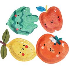 three paper plates shaped like fruits and vegetables