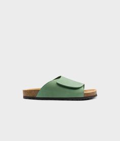 Vigo velcro cork sandals in Jade Green nubuck leather, suede footbed and brown EVA outersole Clog Boots, Cork Sandals, Wooden Clogs, Clog Sandals, Womens Clogs, Nubuck Leather, Jade Green, Boot Shop, Mule Clogs