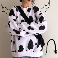 Harajuku Cow Printed Fleece Sweatshirt on Storenvy Cow Things Products, Cow Outfits, Kawaii Sweatshirt, Kawaii Harajuku, Loose Pullover, Tony Moly, Cow Boy, Zip Up Sweater, Fleece Sweatshirt