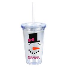 a plastic cup with a straw in the shape of a snowman wearing a top hat and bow tie