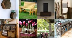 there are many different things in this collage that include wooden benches, vases and other items