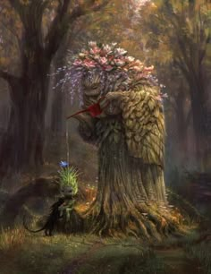 a painting of a bird with flowers on its head standing next to a tree stump