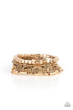 Lightweight and flirty, two strands of gold and brass square beads interspersed with gold cylinders, are paired with two strands of gold and brass cubes. The four stretchy bracelets come together to create an irresistible stack of metallic mayhem.

Sold as one set of four bracelets. Multi Bracelet, Live Text, Mobile Boutique, Square Beads, Wooden Bracelet, Brass Bracelet, Square Bead, Jewelry Images, Paparazzi Accessories