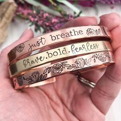 Customized Copper or Brass BraceletRose gold | Etsy Jewelry Book, Necklace With Kids Names, Hand Stamped Cuff Bracelet, Remembrance Necklaces, Motivational Jewelry, Mantra Bracelet, Metal Stamped Jewelry, Message Bracelet, Western Accessories