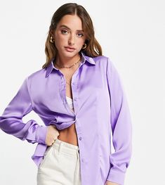 Shirt by Vila Exclusive to ASOS Spread collar Button placket Long sleeves Regular fit Purple Satin Top For Spring, Spring Purple Satin Top, Chic Purple Collared Shirt, Summer Satin Button-up Shirt, Trendy Purple Shirt With Button Closure, Fitted Trendy Purple Shirt, Trendy Fitted Purple Shirt, Satin Shirt, Co Ord