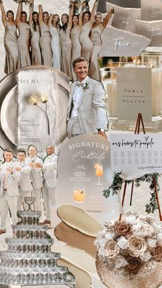 a collage of wedding pictures with bride and grooms in white outfits, champagne flutes, candles, flowers, and other items