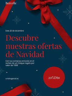 a poster with red ribbon and snowflakes in the background that says, descubre nuestras offlas de navidad