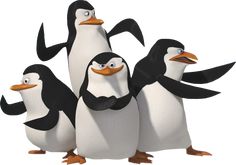 the penguins are standing in a group together