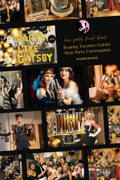 a collage of photos with gold and black decorations on it, including champagne flutes