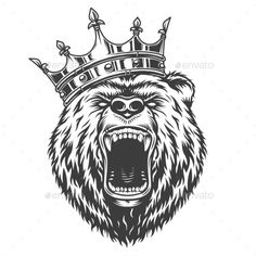 an angry bear wearing a crown with its mouth open and teeth wide open - animals characters