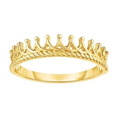 Trendy and charming, this crown-tiara style ring will make a great addition to any casual look. This size 7 ring is crafted with 14K yellow gold. The ring comes in a complimentary gift box.14k Yellow goldAvailable in size 7 High polished finish Weight: 1.50 Grams Rings Designs For Women, Gold Crown Ring, Crown Rings, Royal Chain, Crown Ring Princess, Jewelry Rings Gold, Queen Rings, Jewellery Luxury, Gold Wedding Bands