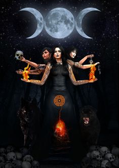 a woman holding three skulls in front of her face with the moon above her head