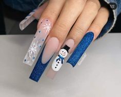 Long Christmas Nails, Nail Art Designs Halloween, Best Winter Nails, Winter Nails 2023, Christmas Nail Designs Acrylic, Blue Christmas Nails, Blue Snowman, December Nails, Diy Acrylic Nails