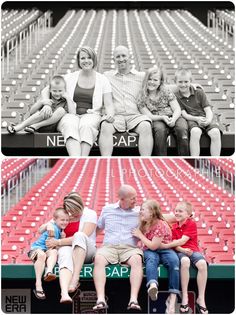 the same family is sitting together in an empty stadium bleachers, and then there are no people on the bleachers