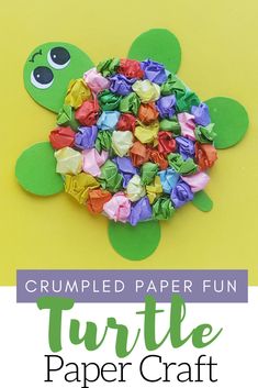 a turtle made out of origami paper with the words crumbled paper fun on it