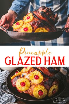 pineapple glazed ham on a platter with text overlay