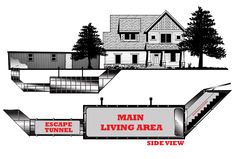 three different types of signs in front of a house with the words escape tunnel, living area and side view