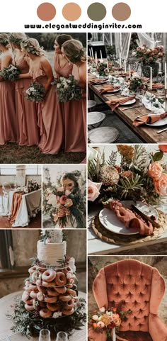 a collage of different wedding colors with donuts on the table and in chairs