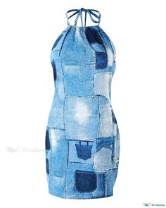 OrcaJump - Stylish Denim Inspired Halter Backless Mini Dress Waistcoat Sweater, Solid Dress Casual, Halter Dress Summer, Denim Print, Blue Party Dress, Printed Halter Dress, Long Sleeve Dress Formal, Patterned Jeans, Cotton Linen Dresses