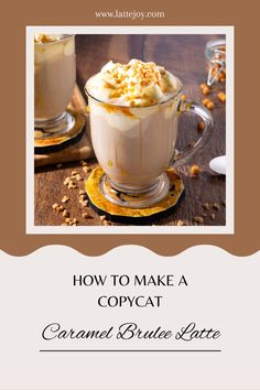 two mugs filled with whipped cream and topped with nuts, on top of a wooden table