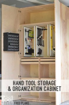 an open storage cabinet with tools in it