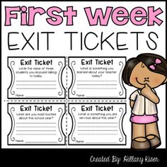 an exit ticket with the words, first week and exit tickets in pink on it