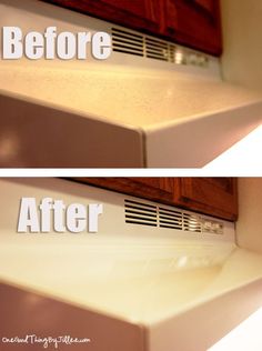 before and after photos of a kitchen countertop refreshment with light coming from under the cabinet