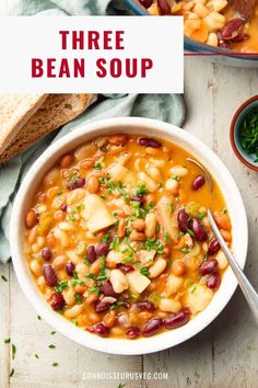 three bean soup in a white bowl with bread and parsley on the side text overlay reads three bean soup