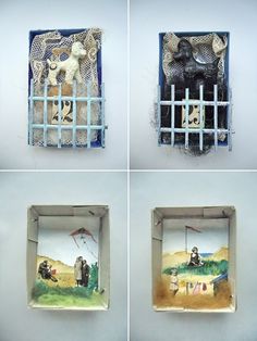 four different pictures of paintings on the wall and one is in a box with a fence