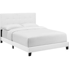 a bed with white linens and black legs is shown in front of a white background