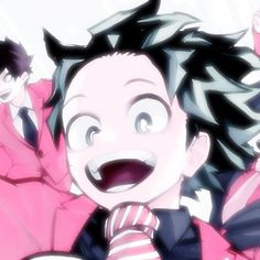 an anime character with black hair wearing a pink coat and tie, standing in front of other characters