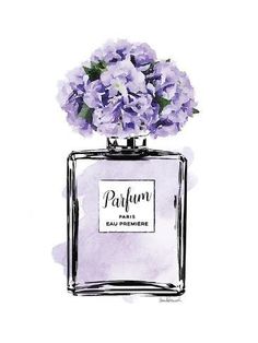 a watercolor painting of a perfume bottle with purple flowers in it's top