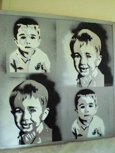 four pictures of children are shown on the wall