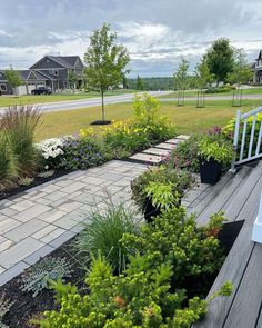 a wooden deck surrounded by plants and flowers