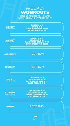 a blue poster with the words, weekly workouts and rest day written in white