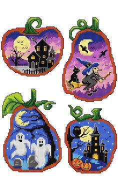 four cross stitch pumpkins decorated with halloween scenes and bats, all in different colors