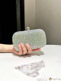 Bird in Bag - Silver Rhinestone Studded Evening Clutch Bag For Women Rectangular Crystal Bag With Rhinestones, Rectangular Crystal Bags With Rhinestones, Evening Rectangular Bags With Rhinestone Rivets, Rectangular Crystal Bag With Bling, Rectangular Party Bag With Rhinestone Rivets, Anti Theft Bag, Party Handbags, Dress Bride, Minimalist Pattern