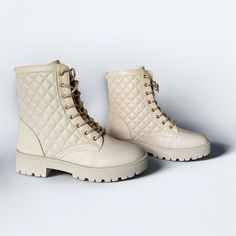 New In Box, Olivia Miller Beige Alexandria Faux Leather Round Toe Quilted Combat & Lace Up Boots. Women's Size 10 Faux Leather Ankle Boots With A Round Toe And Block Heel. Quilted Accent And Gold Lace Eyelets. Purchased From Fashion Nova. *Size:10 *Color: Beige *Condition: Nib, Have Only Tried On- Too Big For Me. *Height: Please See Photos For Height *Open To Offers Via “Make An Offer” Tab. *Comes From A Pet Free/Smoke Free Environment *New To Poshmark? Use My Referral Code “Souvanni” To Get $10 Boots Beige, Olivia Miller, Chunky Heels Boots, Lace Up Booties, Gold Lace, Chunky Heel, Leather Ankle Boots, Lace Up Boots, Chunky Heels